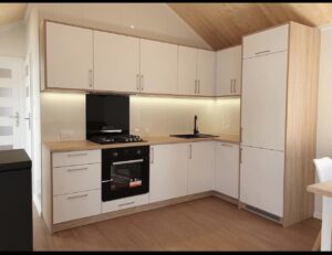 Mobil-Home « Reale II » 12x4m – Toit à 30° avec Poêle à Granulés et Plafond en Bois (3 Chambres)