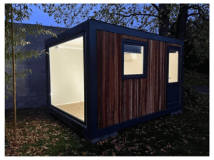 Module Habitable Conteneur 4x3m « Aménagé » – Bardage Bois Ipé & Baie Vitrée Panoramique