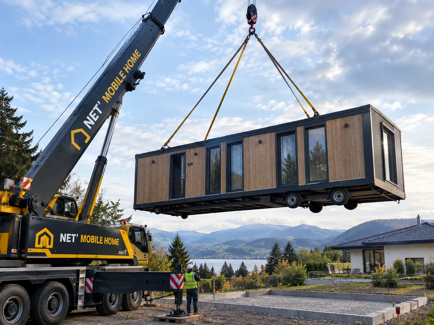 Mobile home positionné par grue sur sa parcelle